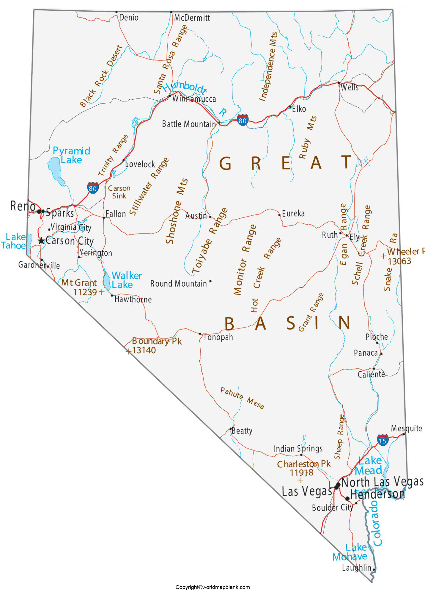Labeled Map of Nevada with Cities