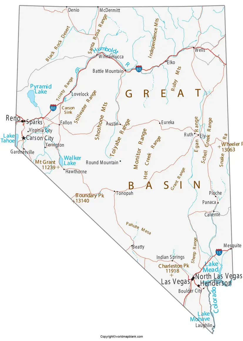 Labeled Map of Nevada with Cities