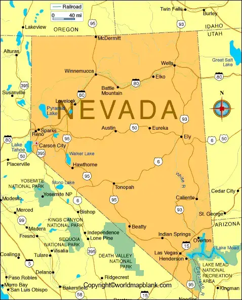 Printable Map of Nevada Labeled