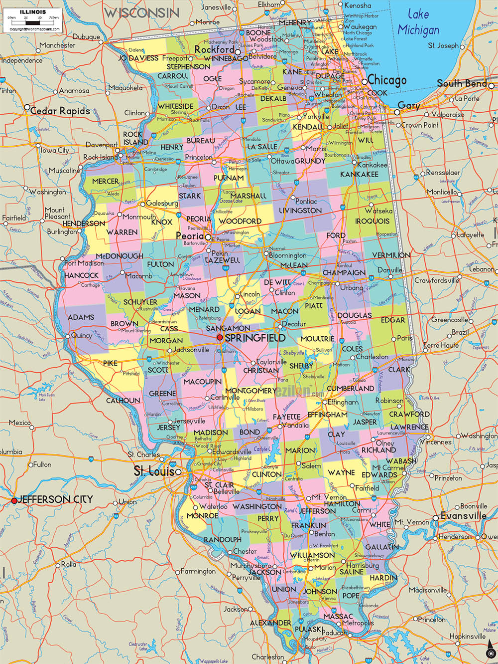 Labeled Map Of Illinois With Capital Cities Printable World Maps   Labeled Map Of Illinois 