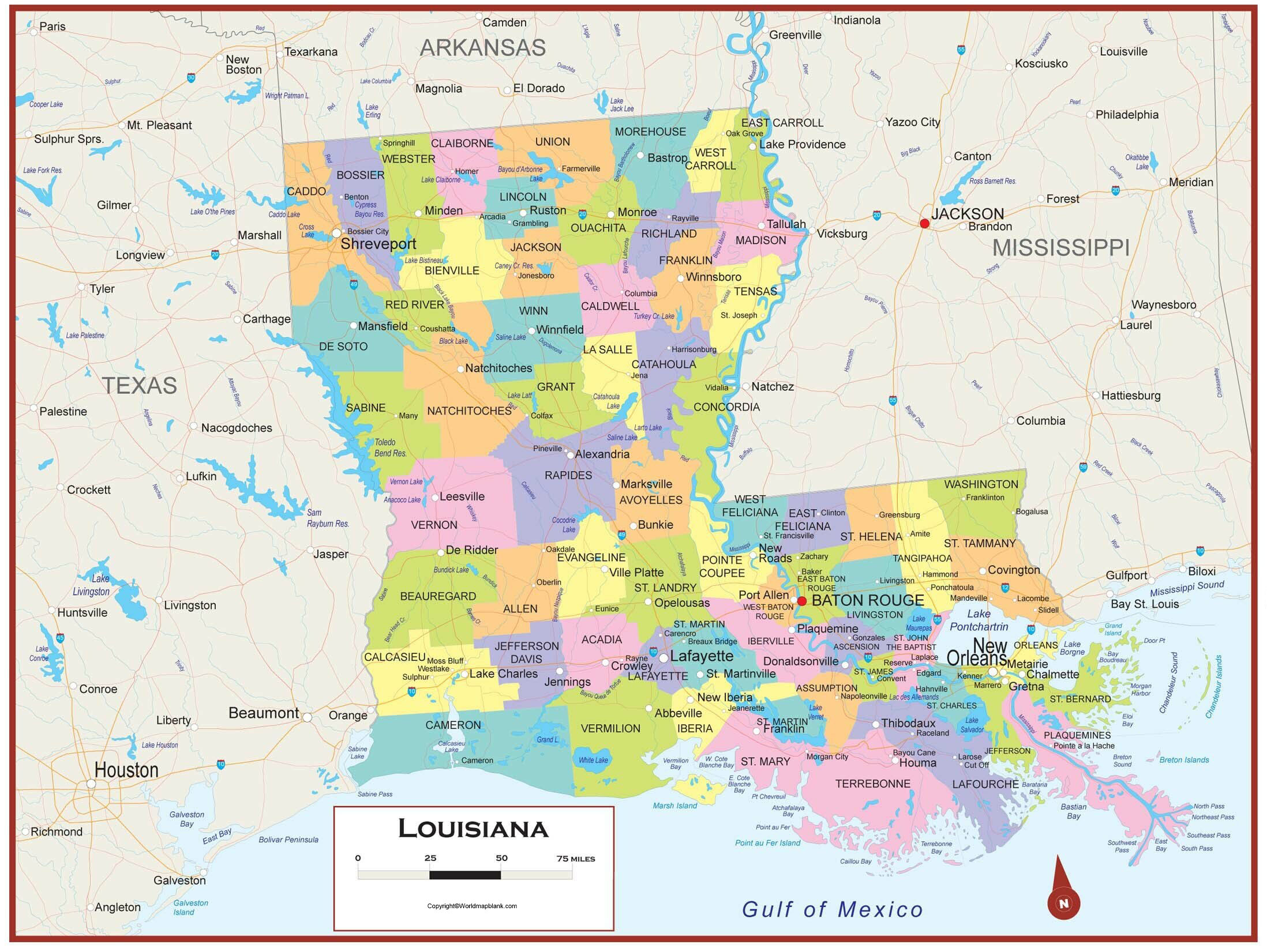 Labeled Map of Louisiana with Capital & Cities