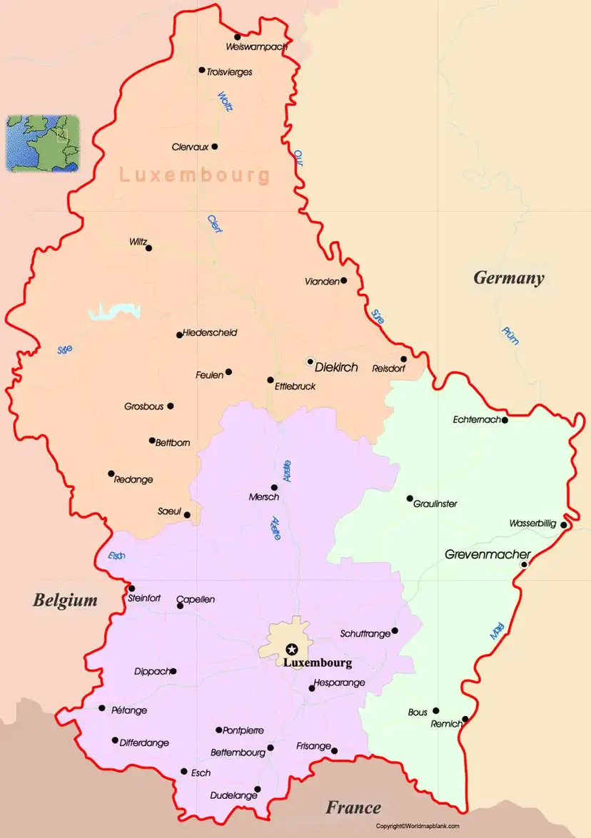 Labeled Map of Luxembourg with Cities