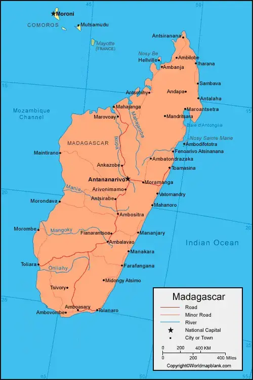 Labeled Map of Madagascar with Cities