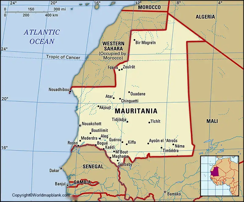 Labeled Map of Mauritania with States