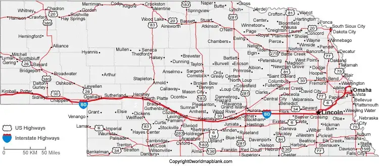 Labeled Map of Nebraska with Cities