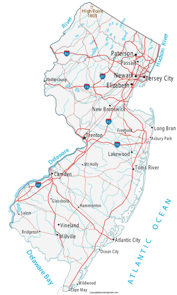 Labeled Map of New Jersey with Capital & Cities