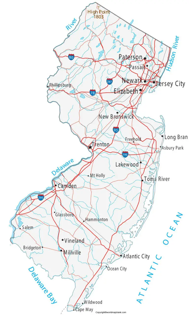 Labeled Map of New Jersey with Capital & Cities