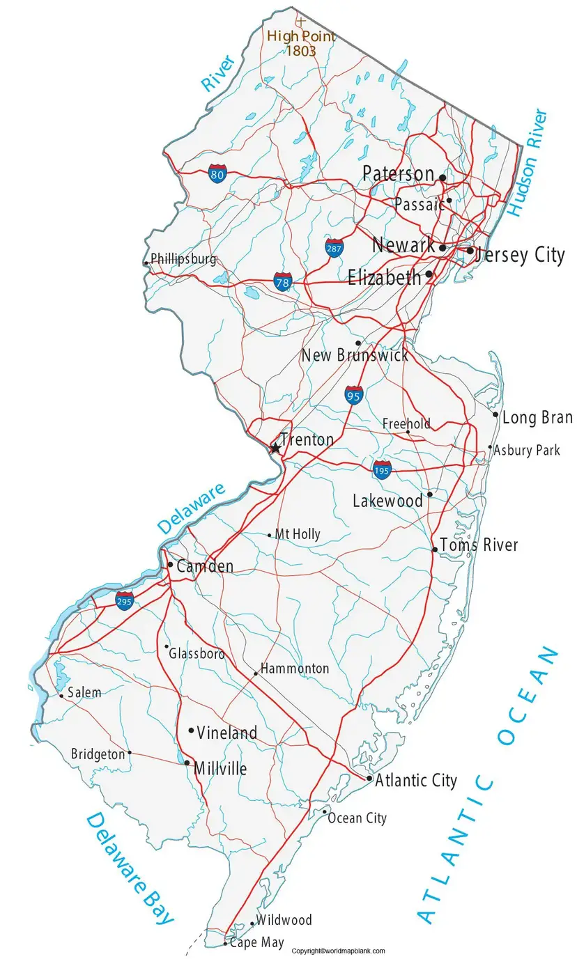 Labeled New Jersey Map with Cities