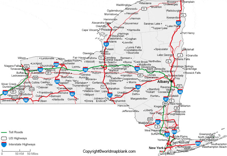 Labeled Map of New York with Cities