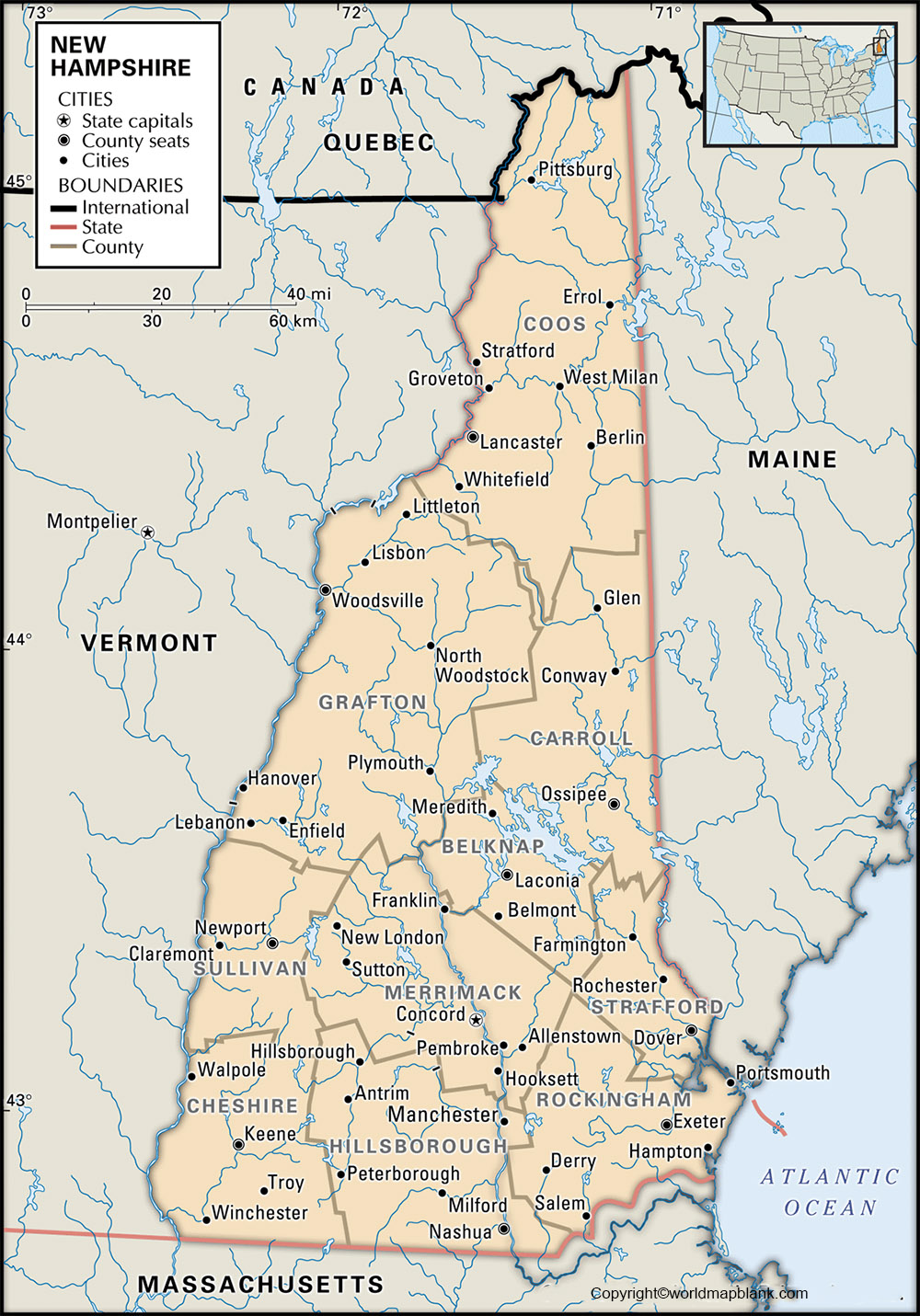 Labeled Map of New Hampshire with Capital & Cities