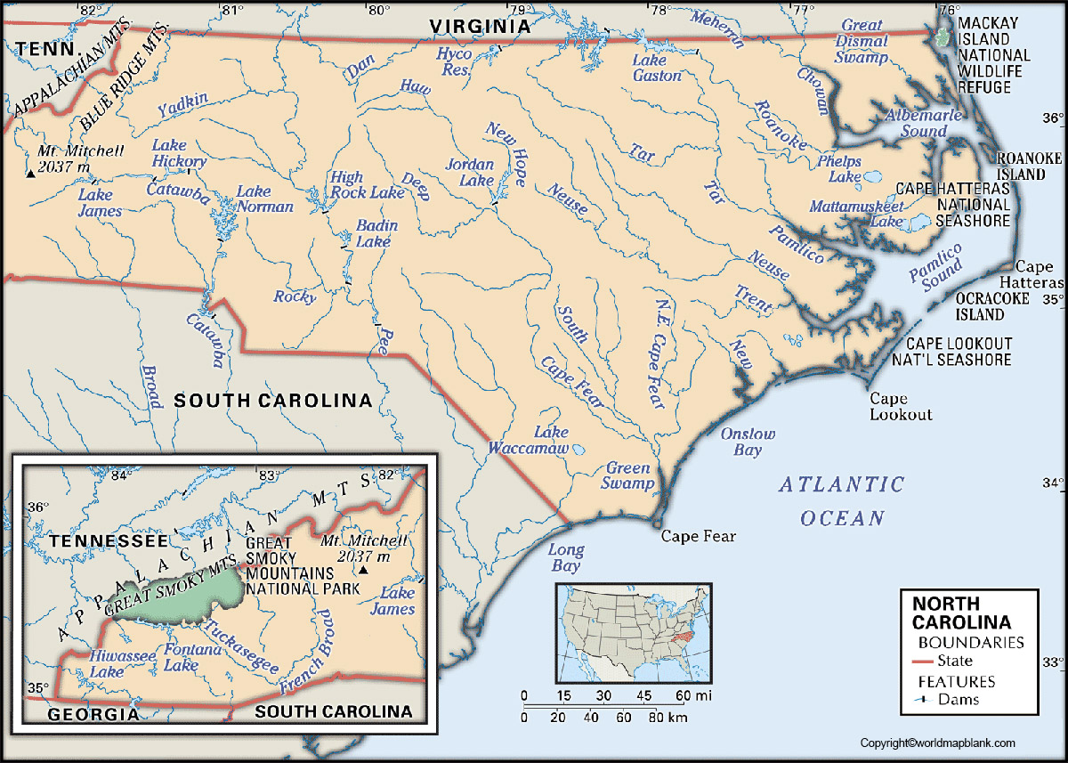 Labeled North Carolina Map with Capital