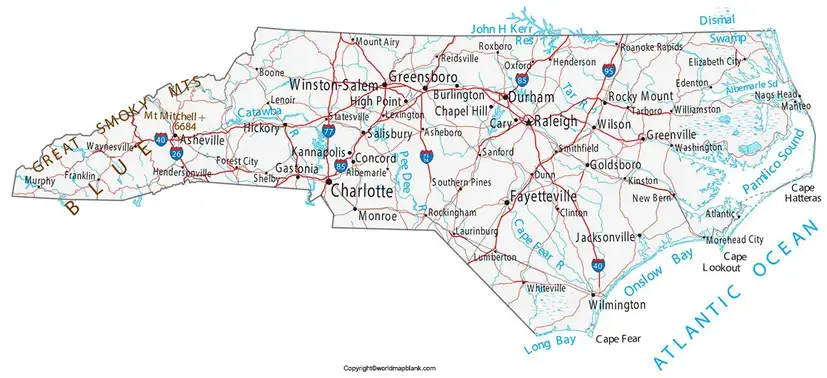 Labeled Map of North Carolina with Cities