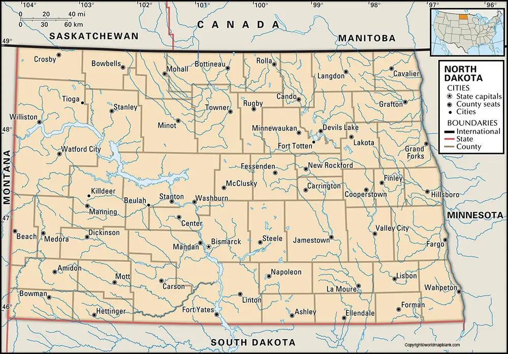 Labeled North Dakota Map with Capital