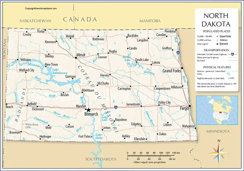 Labeled Map of North Dakota Printable