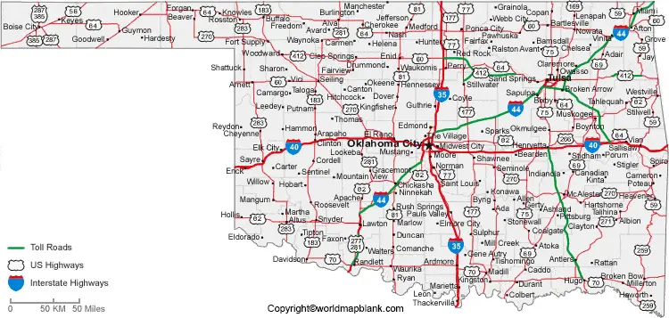 Labeled Map of Oklahoma with Cities