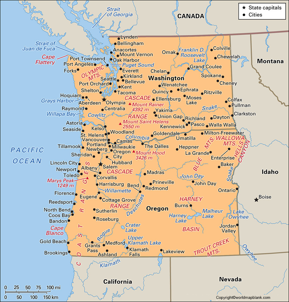 Labeled Oregon Map with Capital