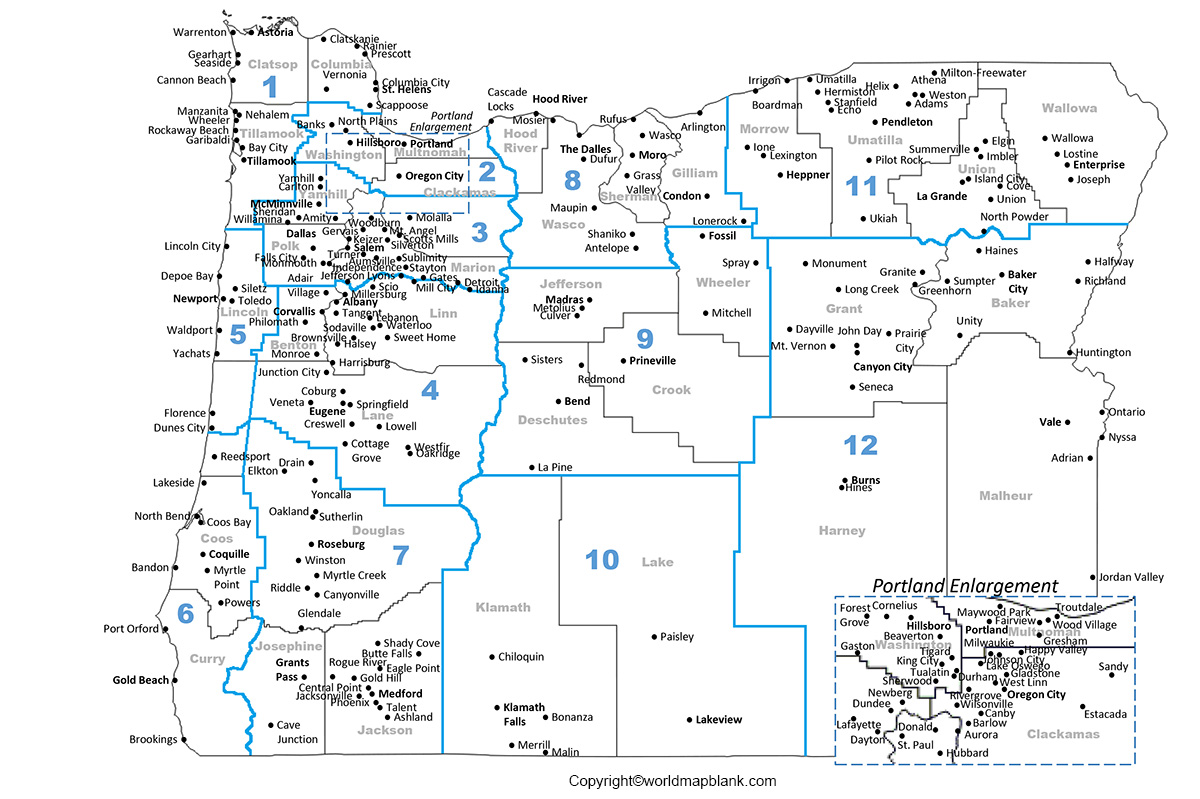 Labeled Map of Oregon with Cities