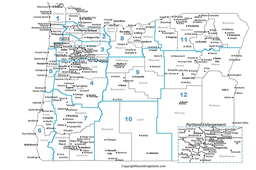 Labeled Map of Oregon with Cities