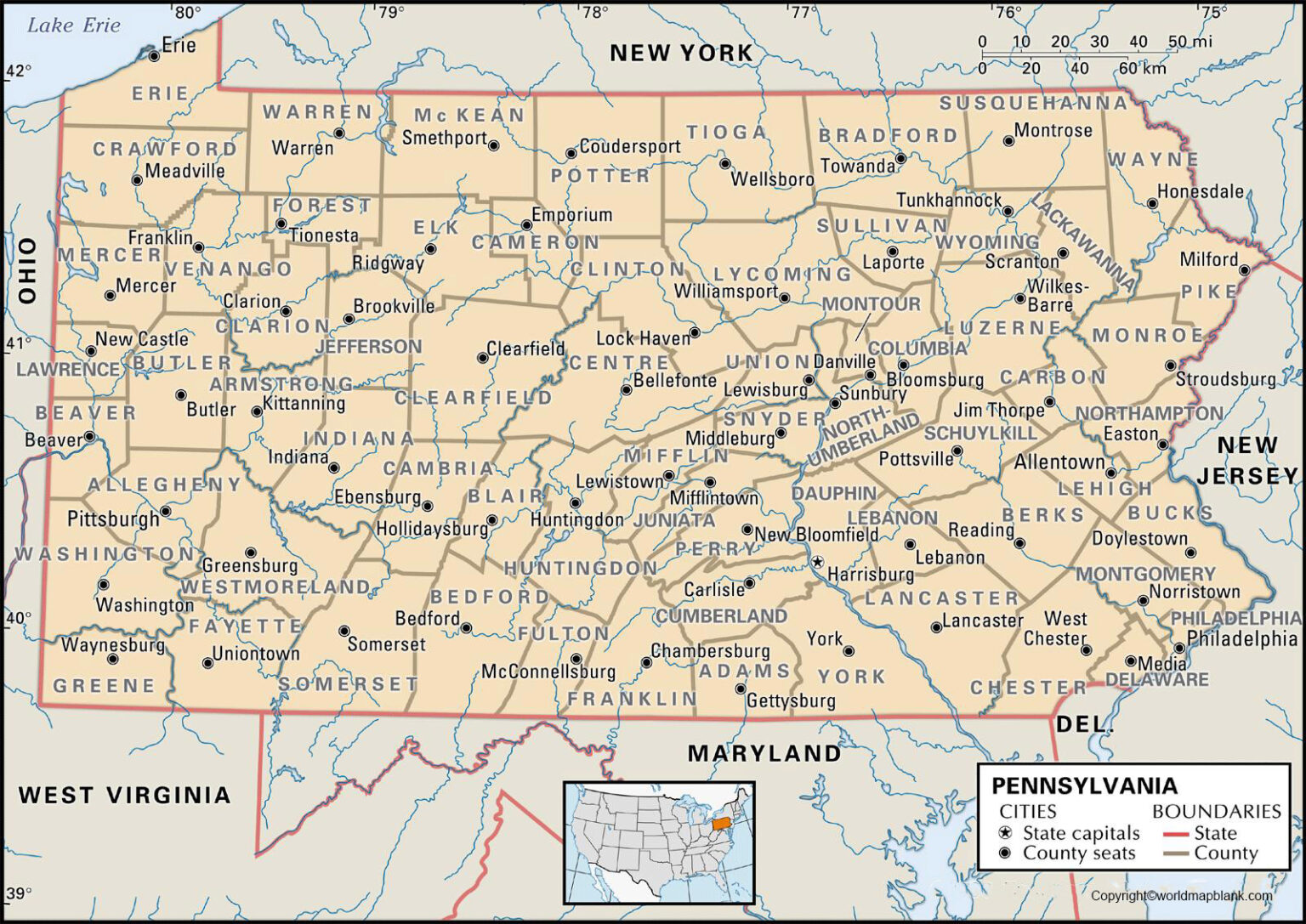 Labeled Map Of Pennsylvania With Capital Cities