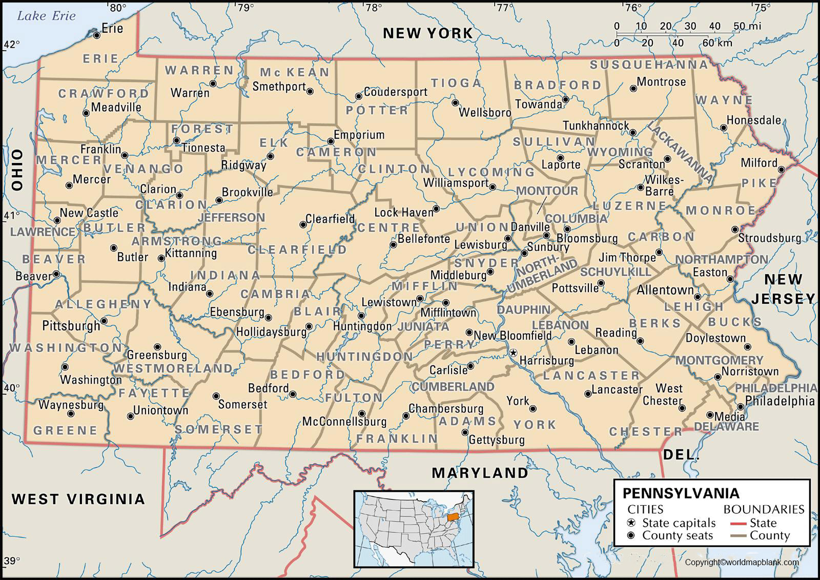 Labeled Pennsylvania Map with Capital