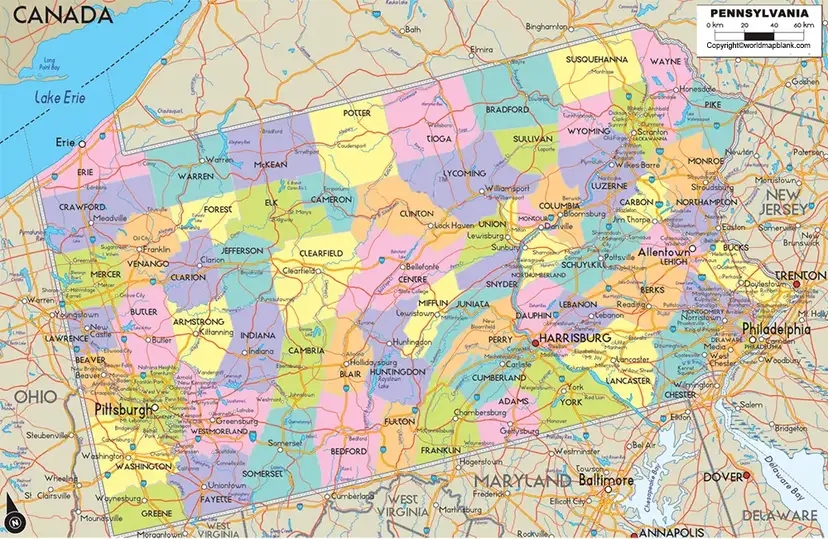 Labeled Map of Pennsylvania