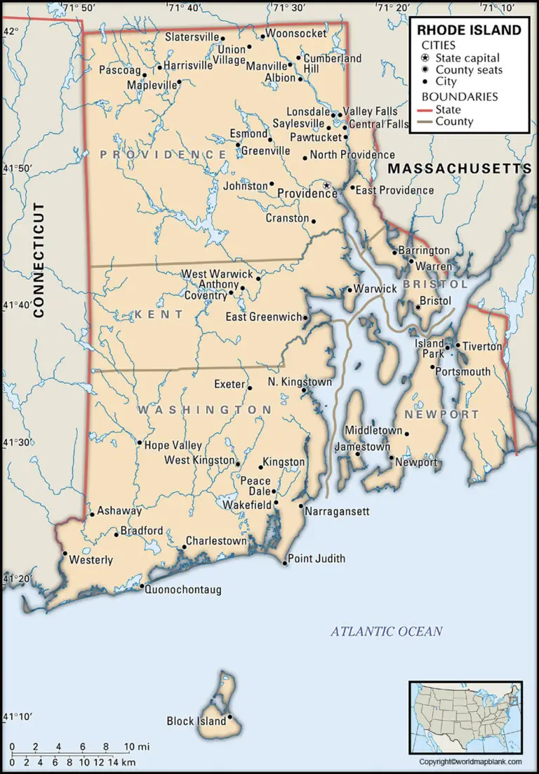 Labeled Map of Rhode Island with Capital & Cities