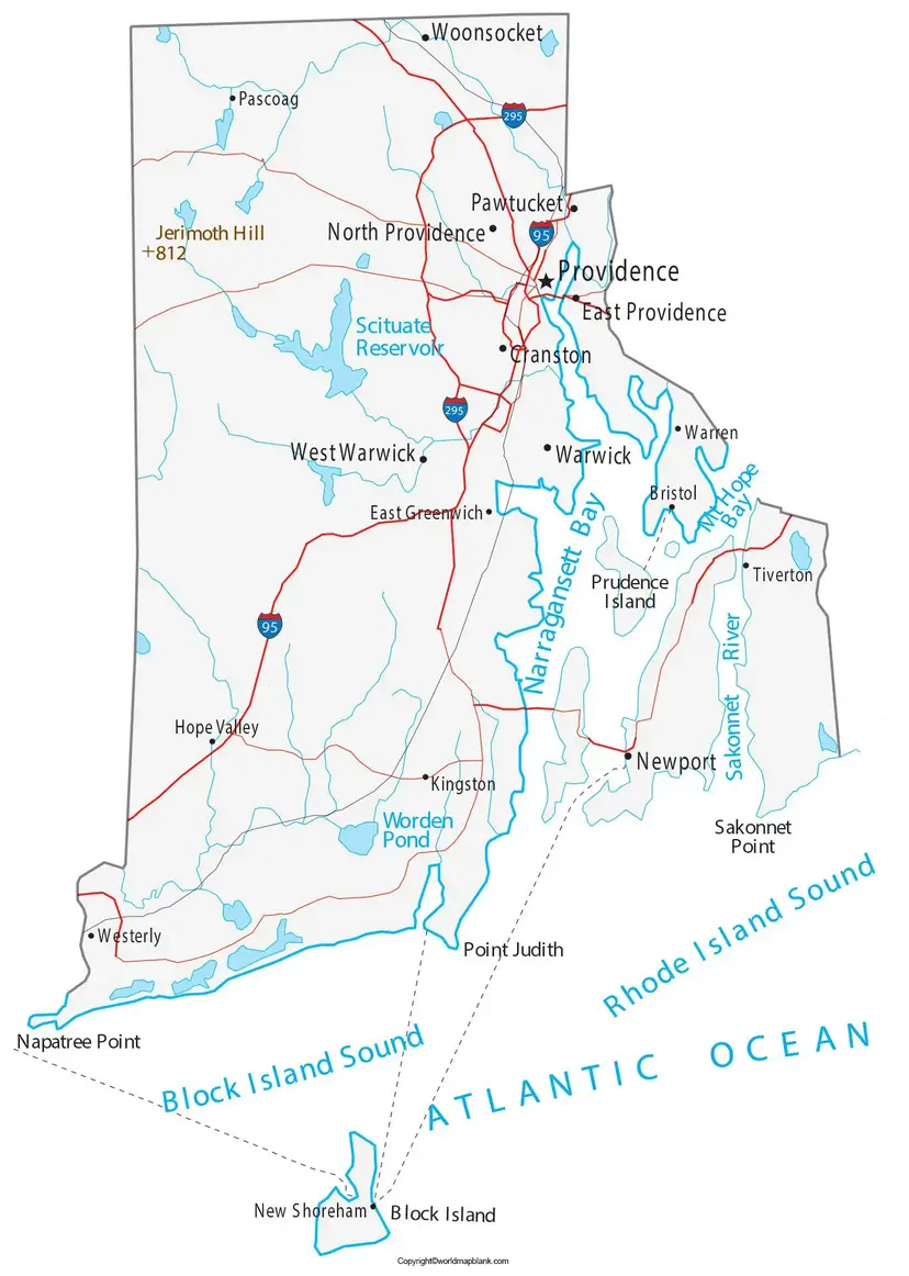 Labeled Map of Rhode Island with Cities