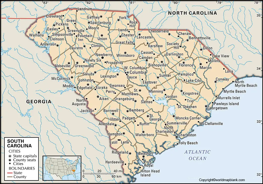 Labeled South Carolina Map with Capital