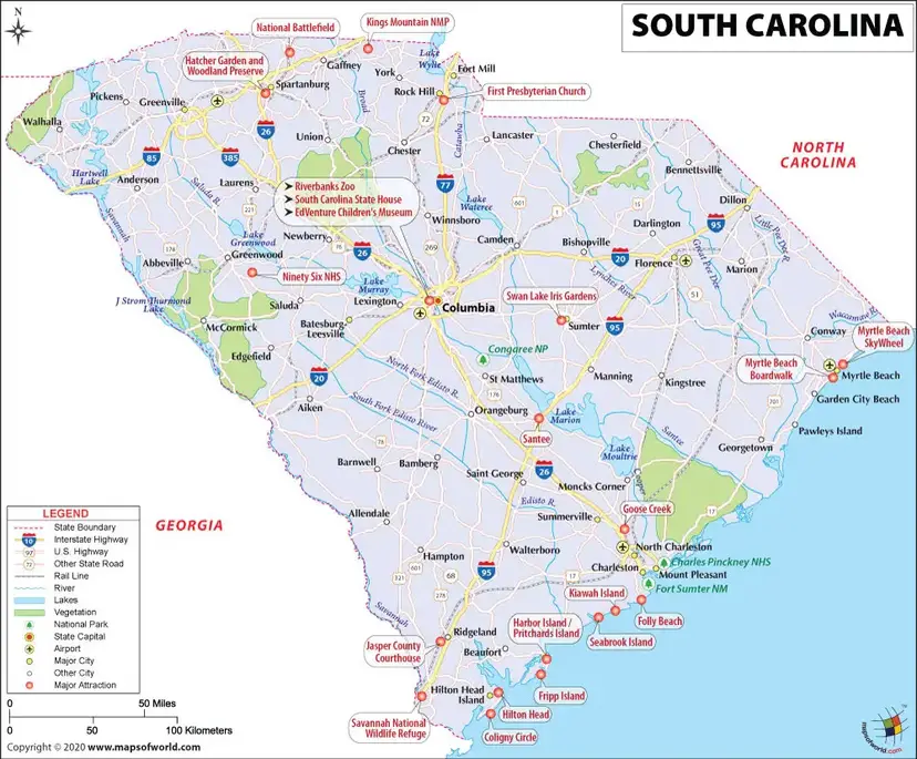 Labeled Map of South Carolina Printable