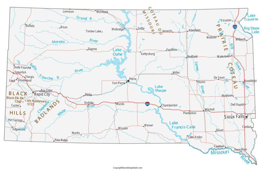 Labeled Map Of South Dakota With Capital Cities