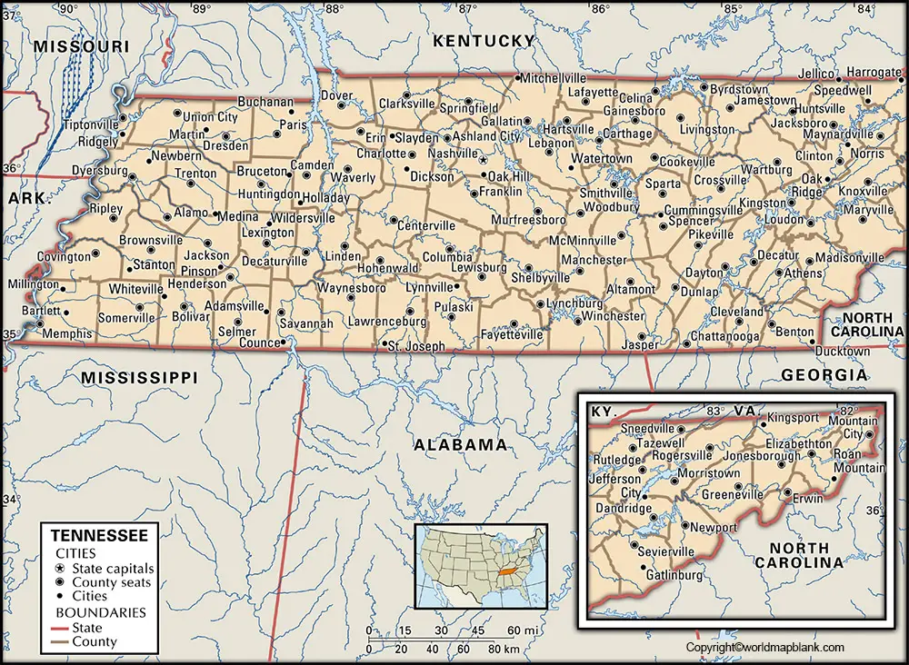 Labeled Map of Tennessee with Capital & Cities