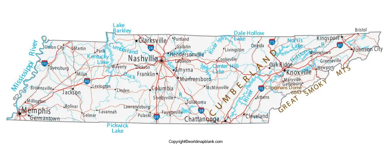 Labeled Map of Tennessee with Cities