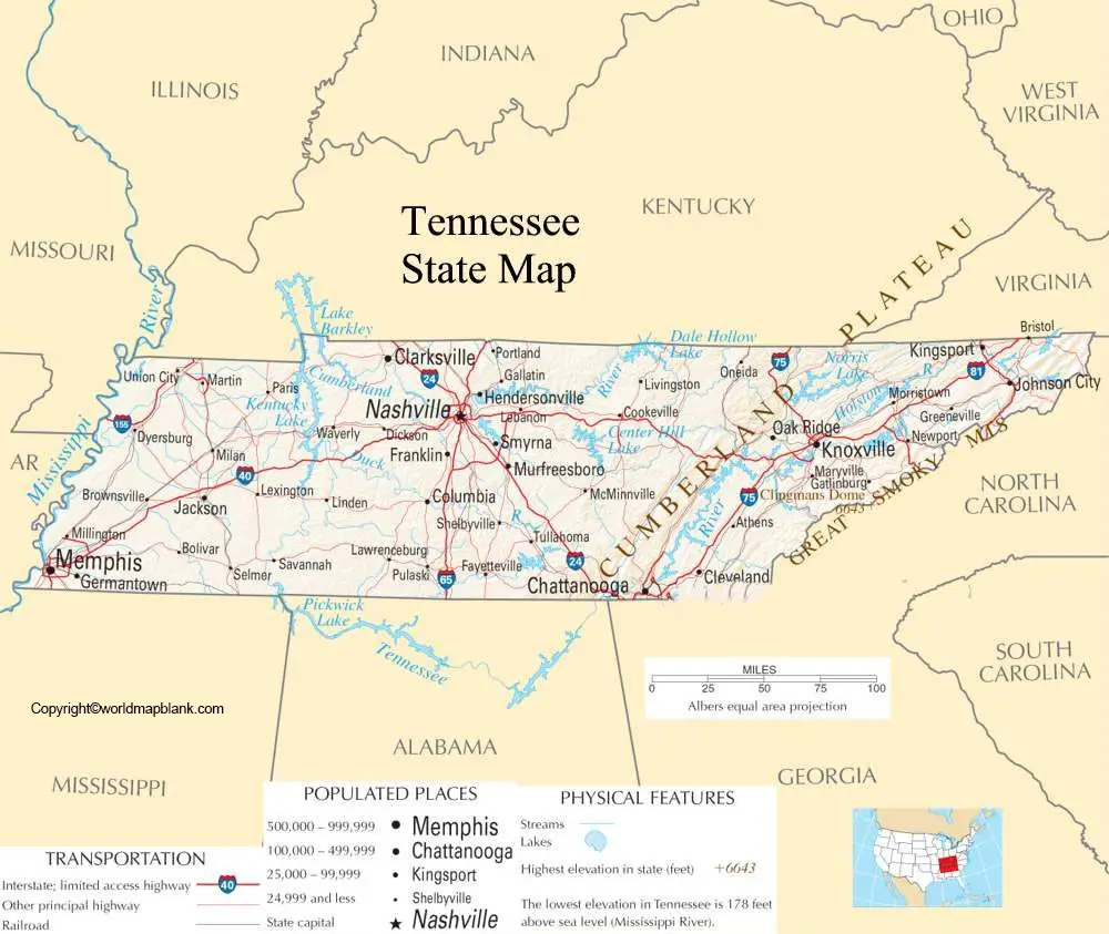 Labeled Map of Tennessee Printable
