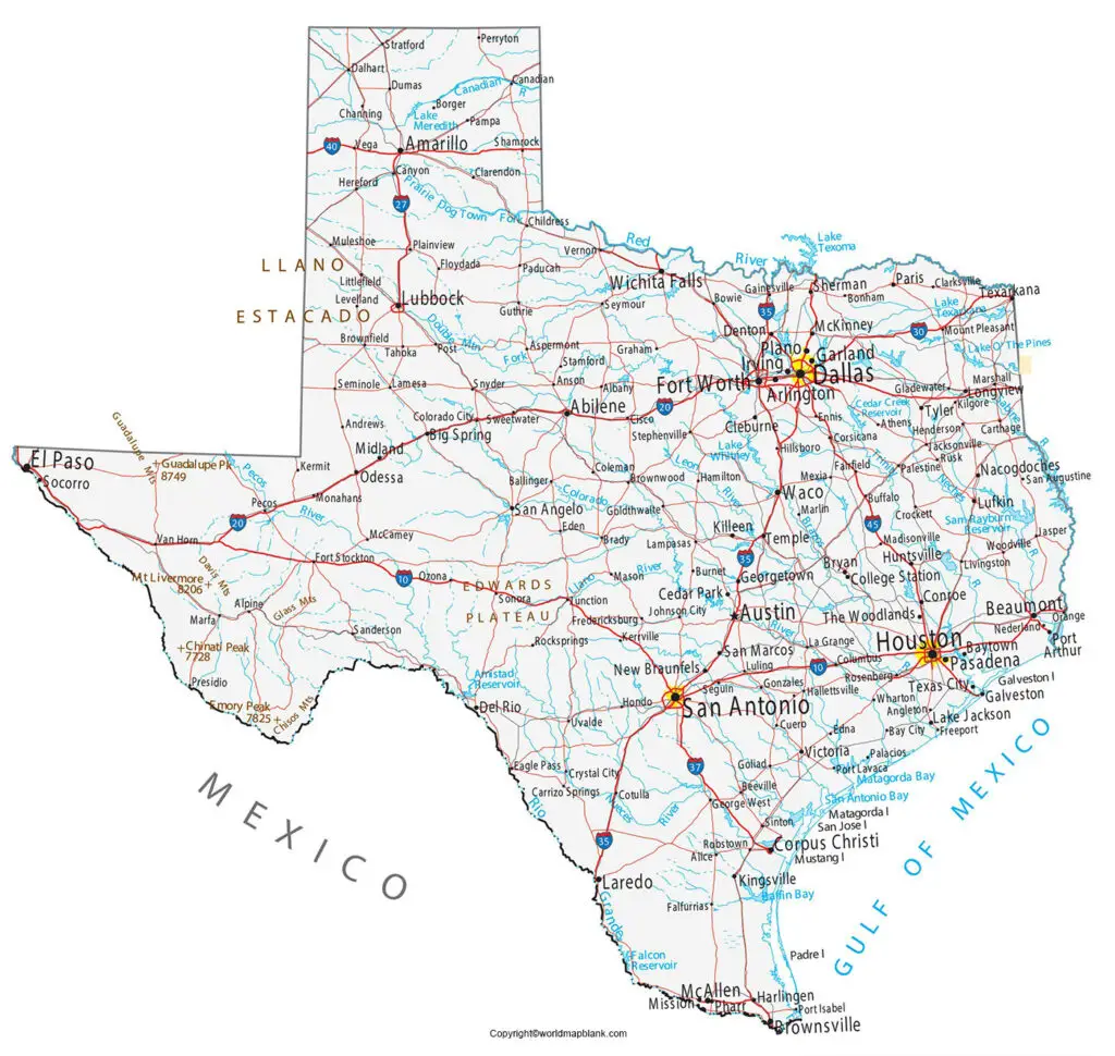 Labeled Map of Texas with Cities