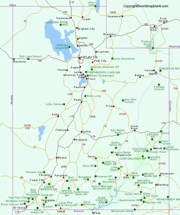 Labeled Map of Utah Printable