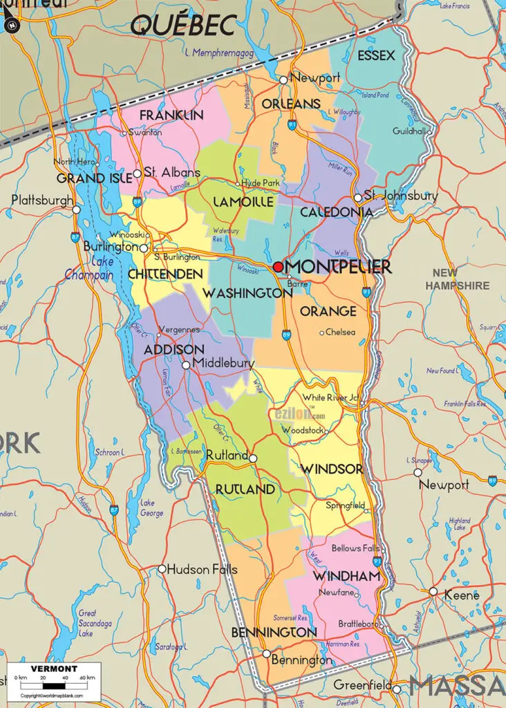 Labeled Map Of Vermont With Capital And Cities