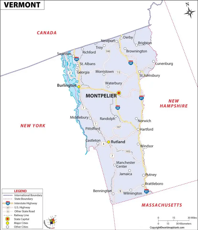 Labeled Map of Vermont Printable