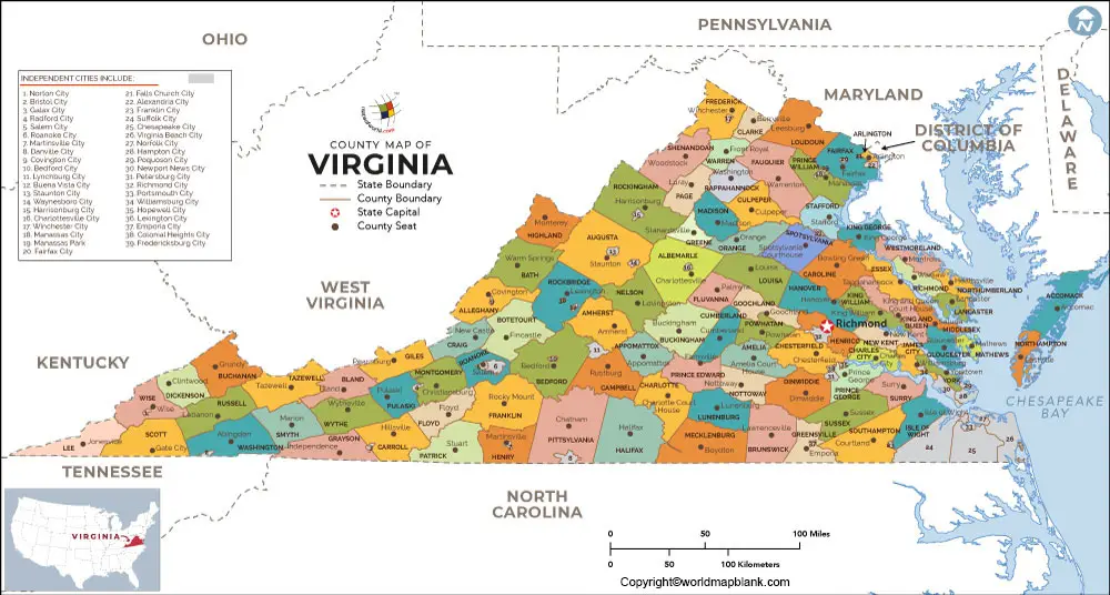 Labeled Virginia Map with Capital