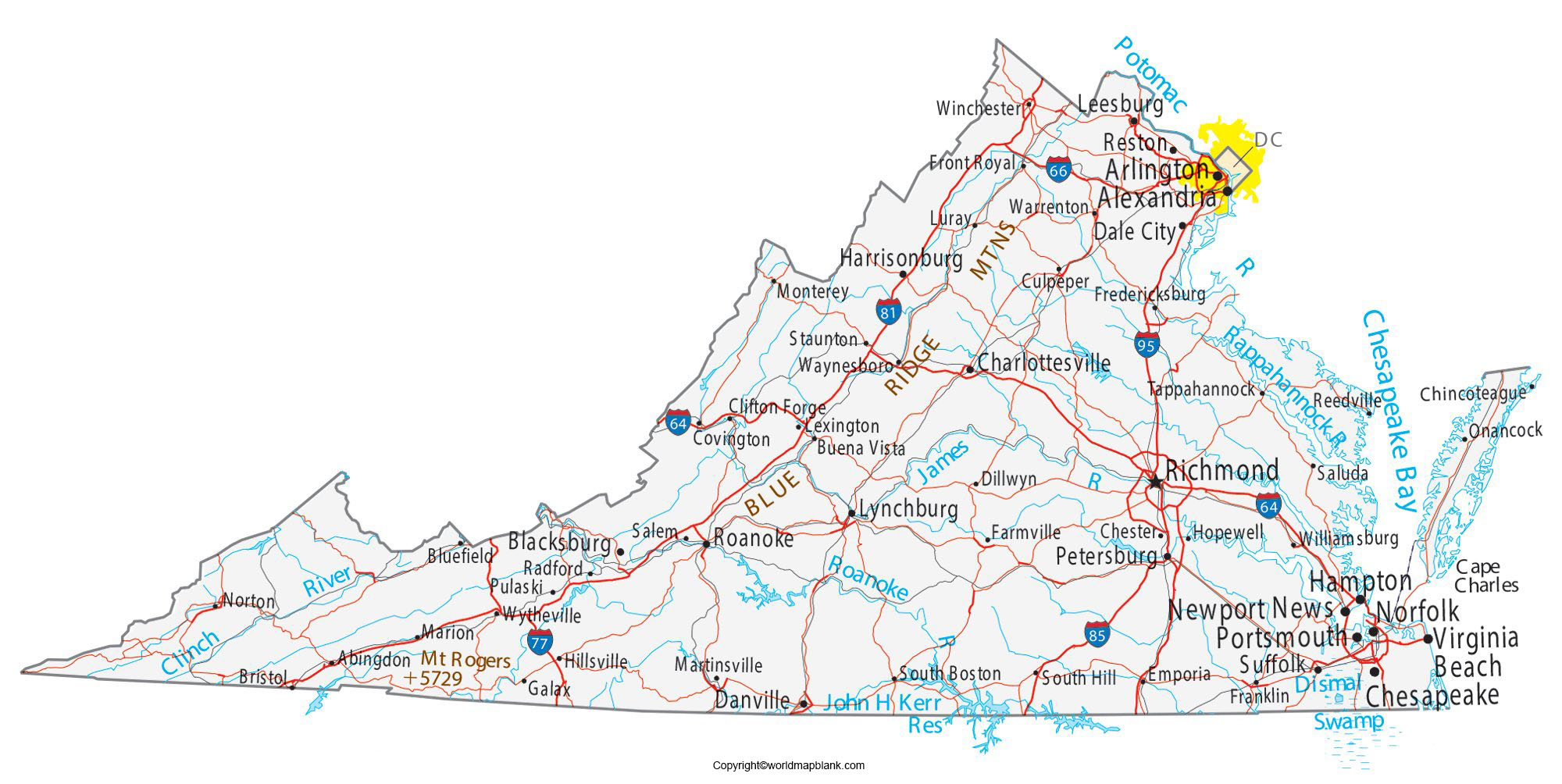 Labeled Map of Virginia with Cities