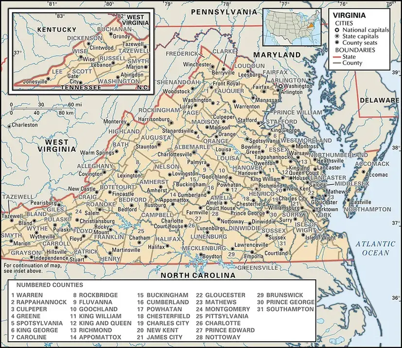 Labeled Map of Virginia Printable