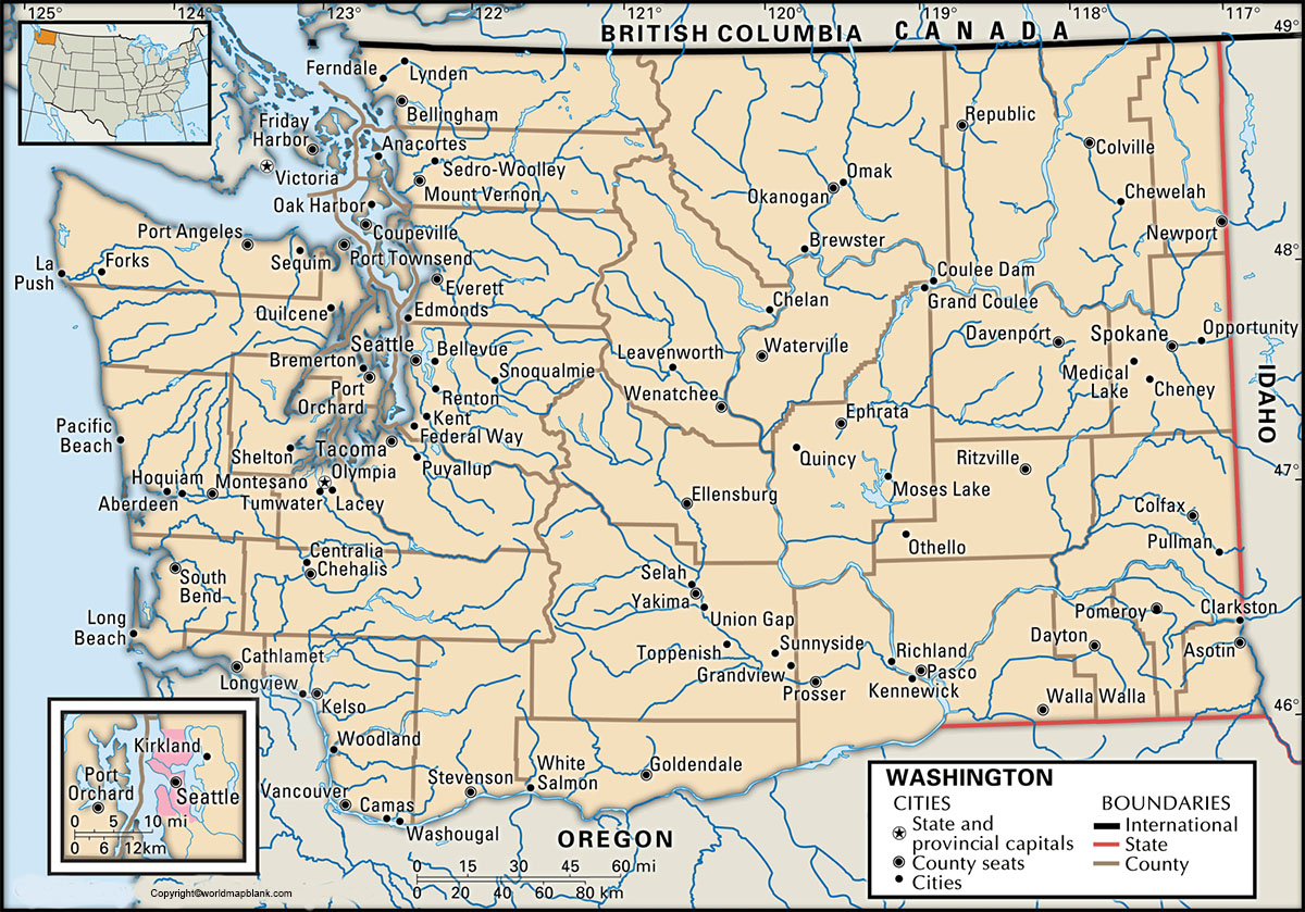 Labeled Washington Map with Capital