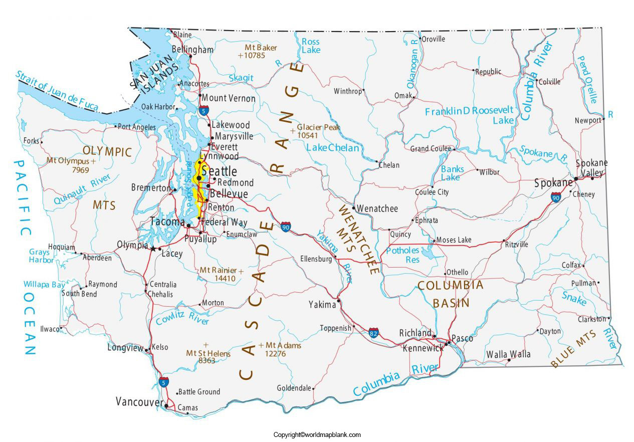 Labeled Map of Washington with Cities