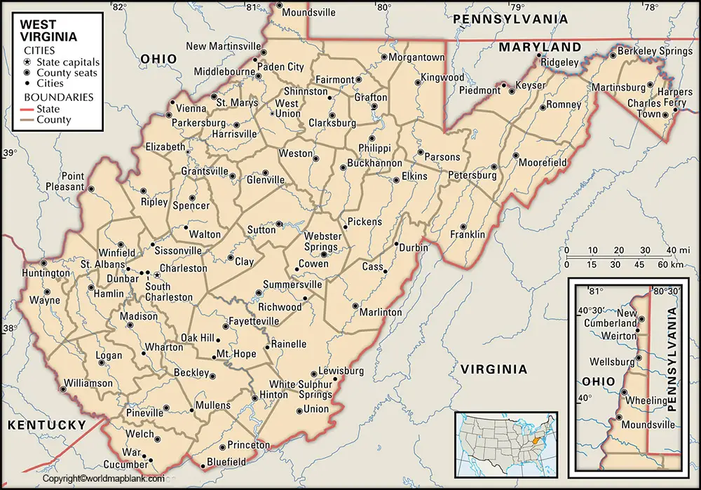 Labeled West Virginia Map with Capital