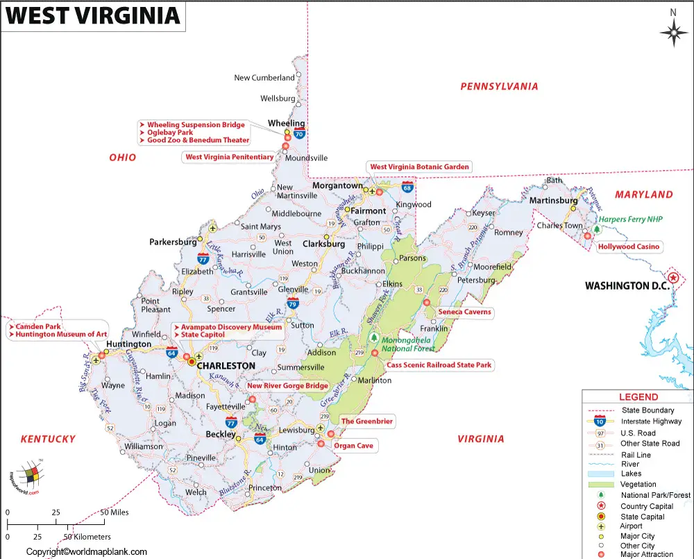 Labeled Map of West Virginia Printable