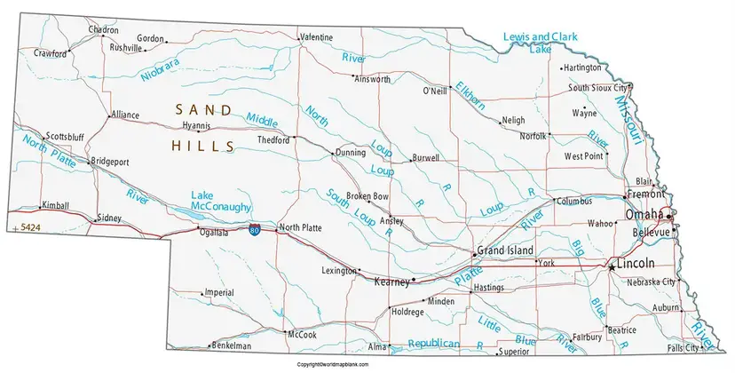 Printable Map of Nebraska Labeled