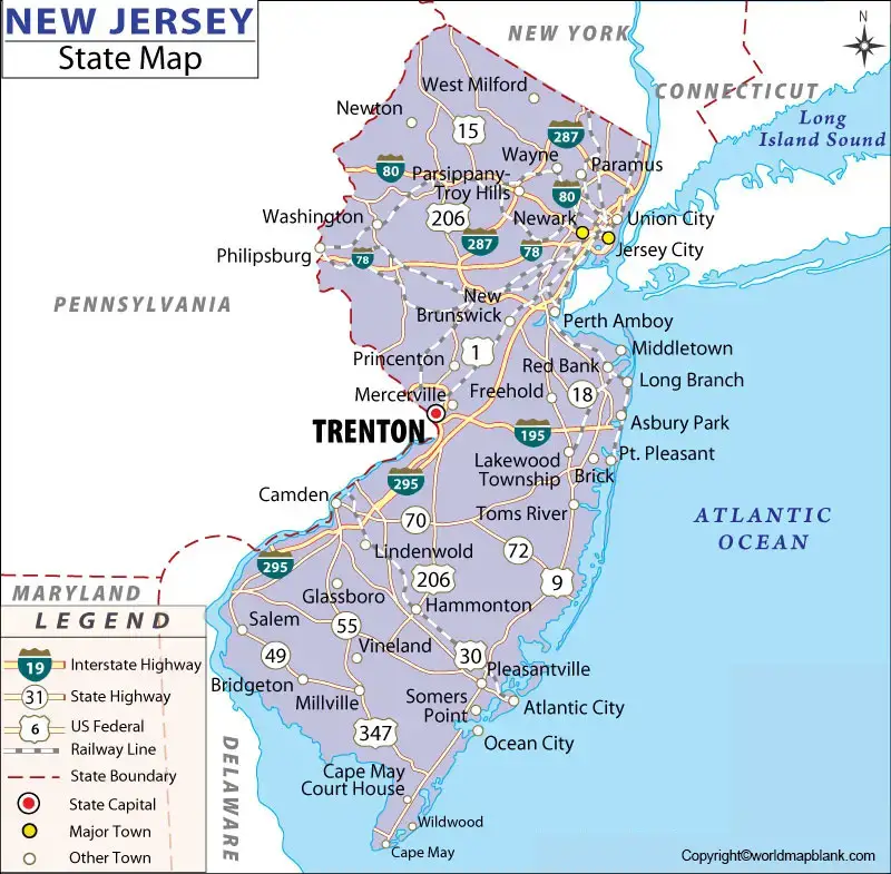 Printable Map of New Jersey Labeled
