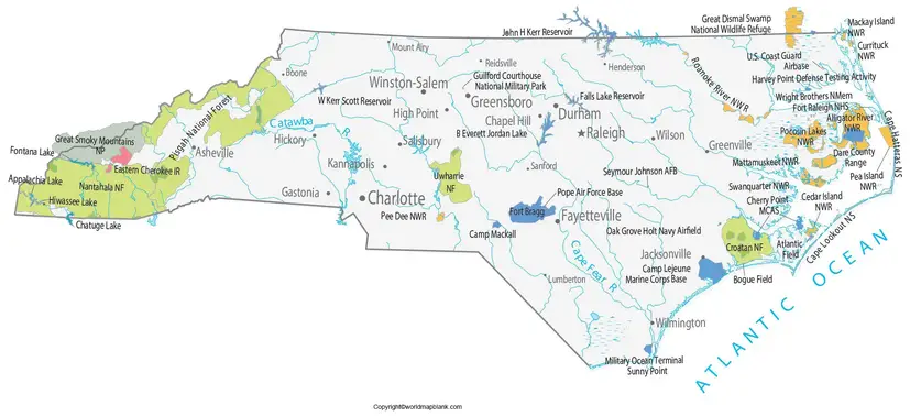 Printable Map of North Carolina Labeled