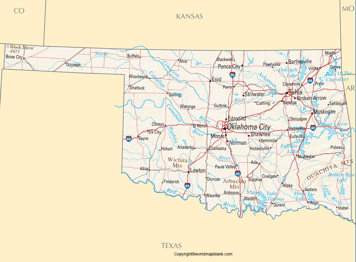 Printable Map of Oklahoma Labeled