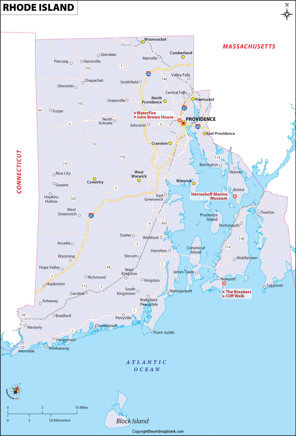 Labeled Map Of Rhode Island With Capital And Cities 7193