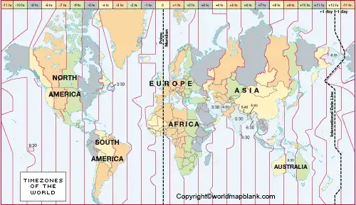 World Map with Time Zones and Latitude and Longitude